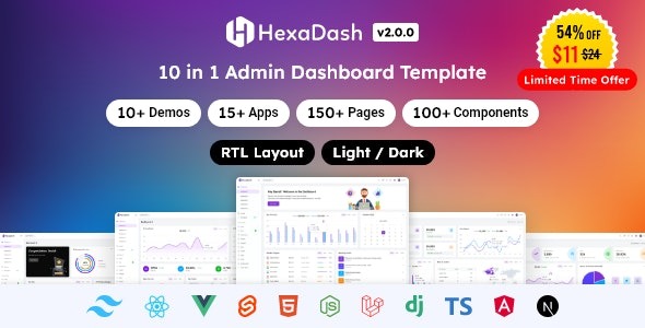 HexaDash (v2.1.2) Tailwind CSS, React, Svelte, Vue, Laravel, Nodejs, Django & HTML Admin Dashboard Template