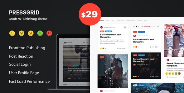 PressGrid (v1.3.1) Frontend Publish Reaction & Multimedia Theme