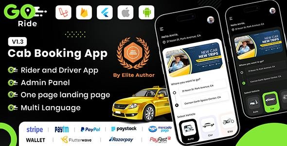 GORIDE (v2.2) InDriver 克隆 | Flutter 带有竞价选项的完整出租车预订解决方案