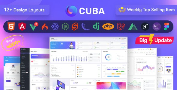 Cuba (v10.2) Bootstrap 4 & 5 HTML, React, Angular 12, VueJS & Laravel Admin Dashboard Template